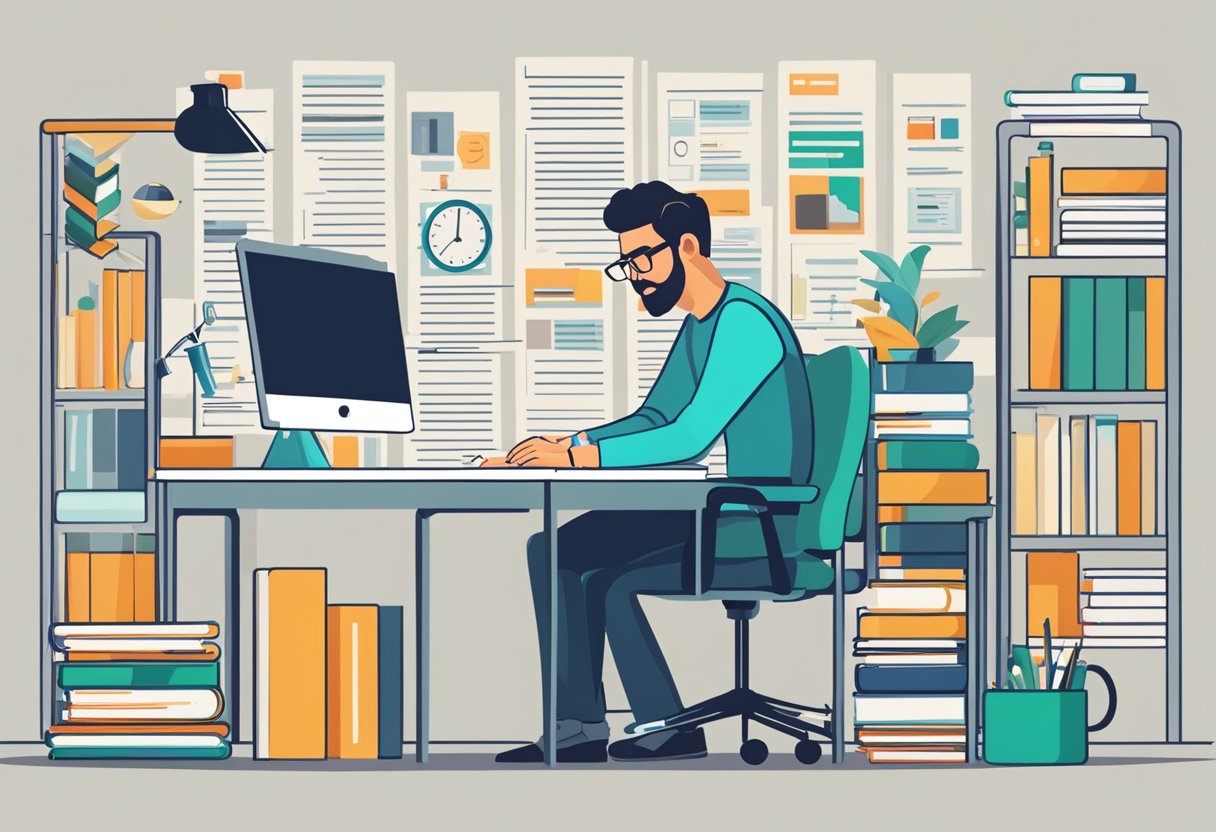 A person sitting at a desk surrounded by books and a computer, carefully analyzing and organizing keywords for research