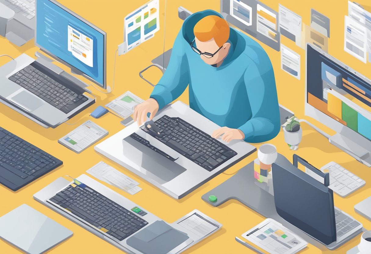 A person typing on a computer, surrounded by open tabs of various search engines and keyword tools