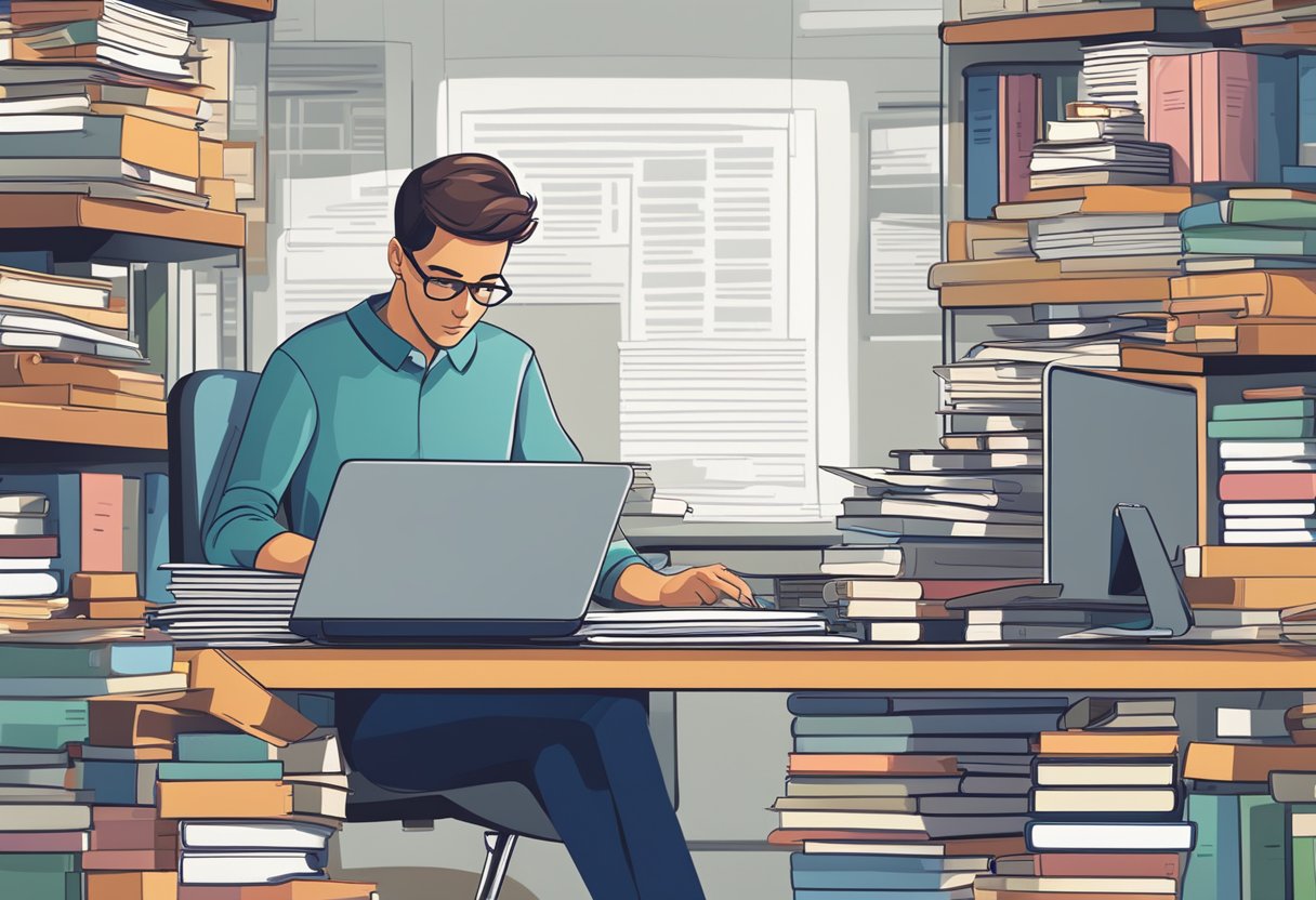 A person researching keywords on a computer, surrounded by books and papers, with a thoughtful expression