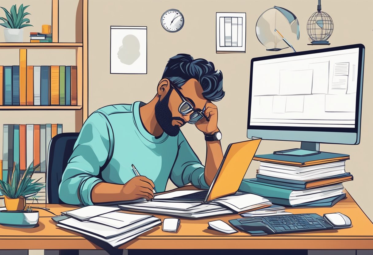 A person sitting at a desk with a computer, surrounded by books and papers, brainstorming and researching keyword ideas