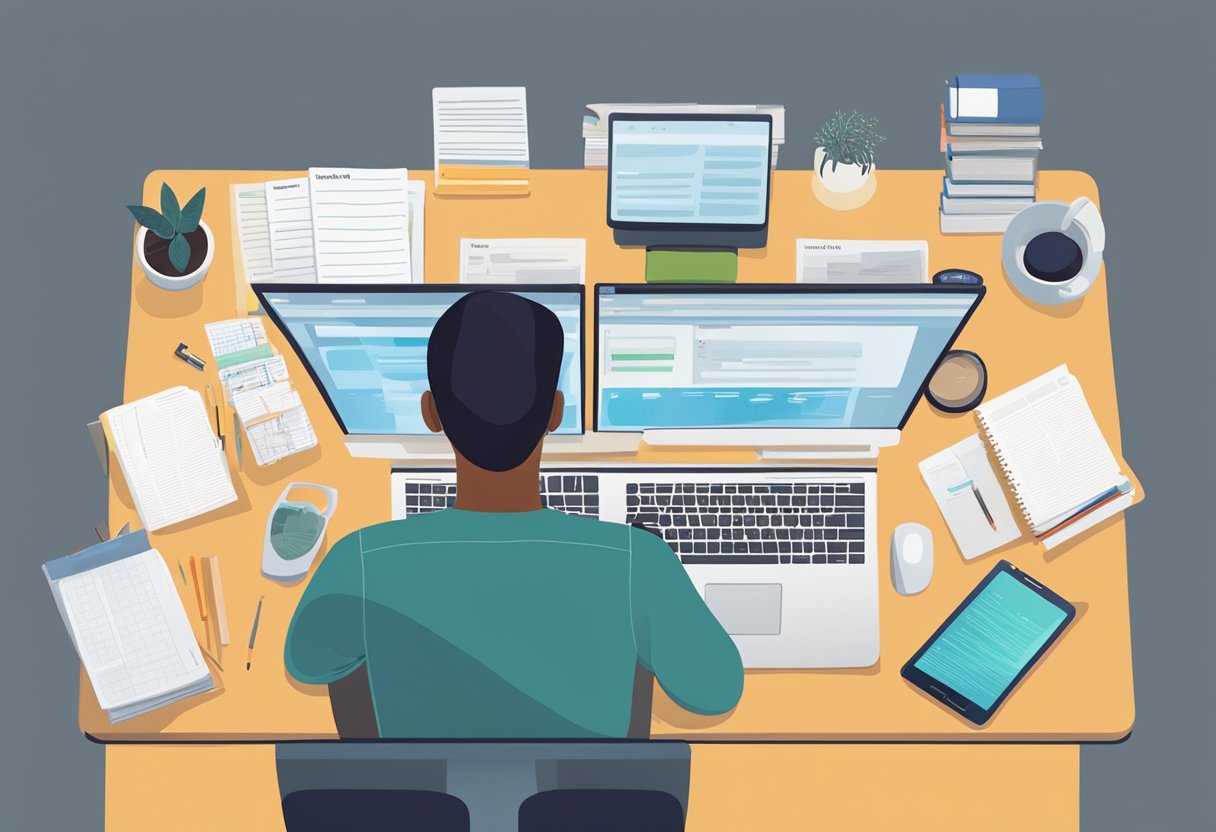 A desk with a computer, notepad, and various keyword research tools spread out. A person sitting in front of the computer, deep in thought