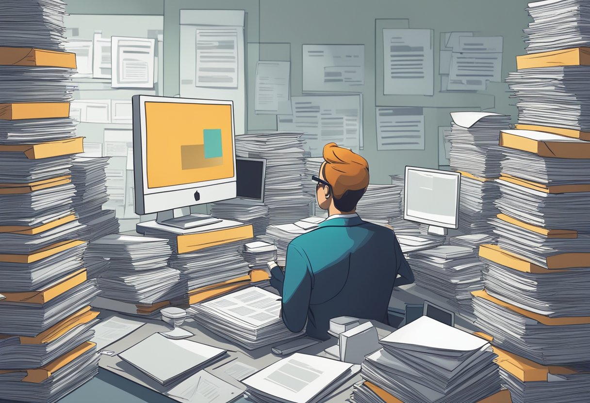 A researcher surrounded by stacks of papers and computer screens, analyzing keywords and competition
